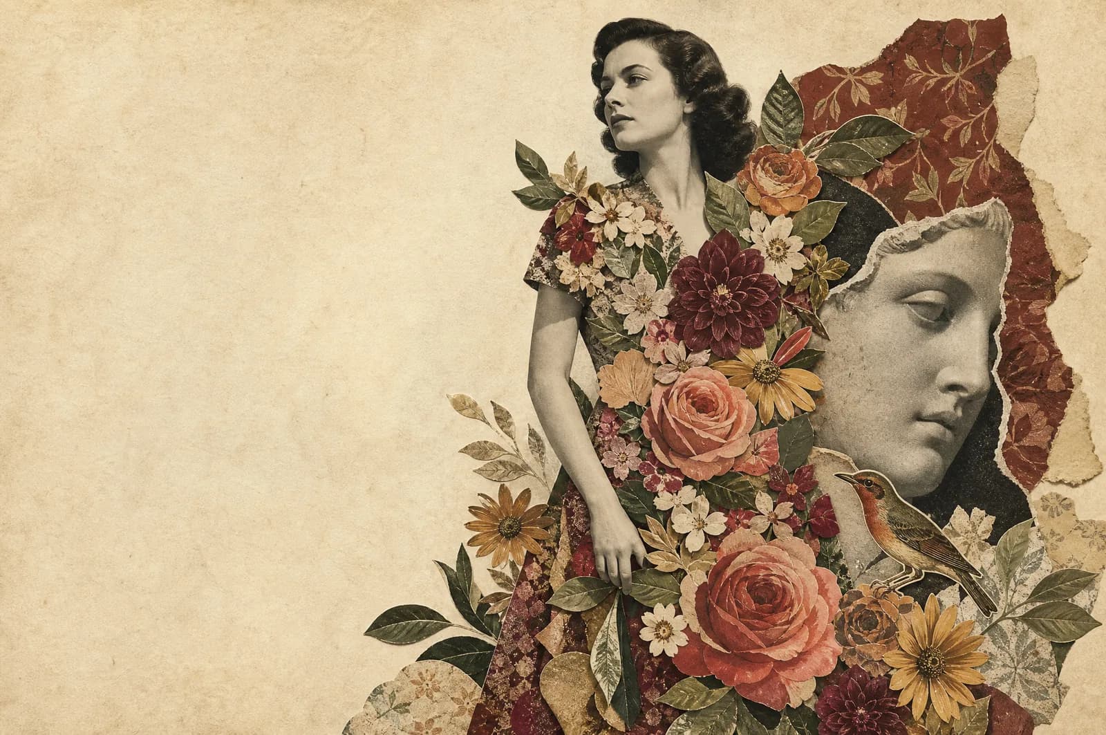 Collage of a floral woman, a classical face fragment and a bird on warm paper.