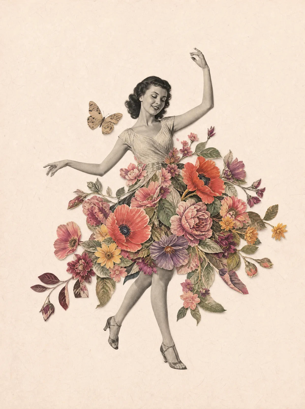 full portrait of a vintage-style dancer with raised hand, both shoes, a coral and mauve floral skirt, side branches and a paper-like butterfly.