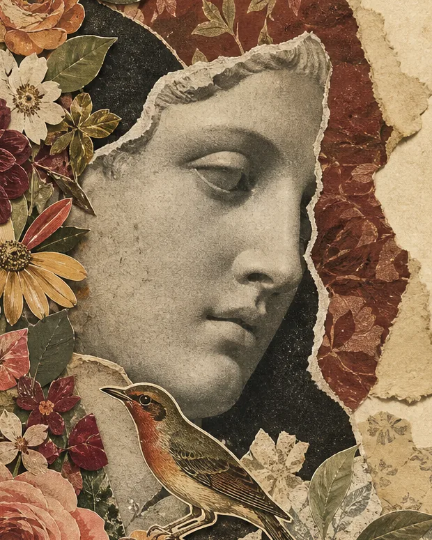 Detail of the Arrival collage: a classical face fragment beside flowers and printed-looking paper.
