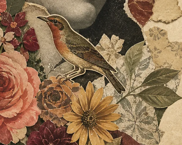 Detail of the Arrival collage: a small bird among flowers and botanical leaves.